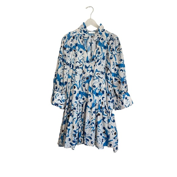 H&M Conscious Smock Dress with Puffed Sleeves Blue Watercolor Size Small - Picture 2 of 16